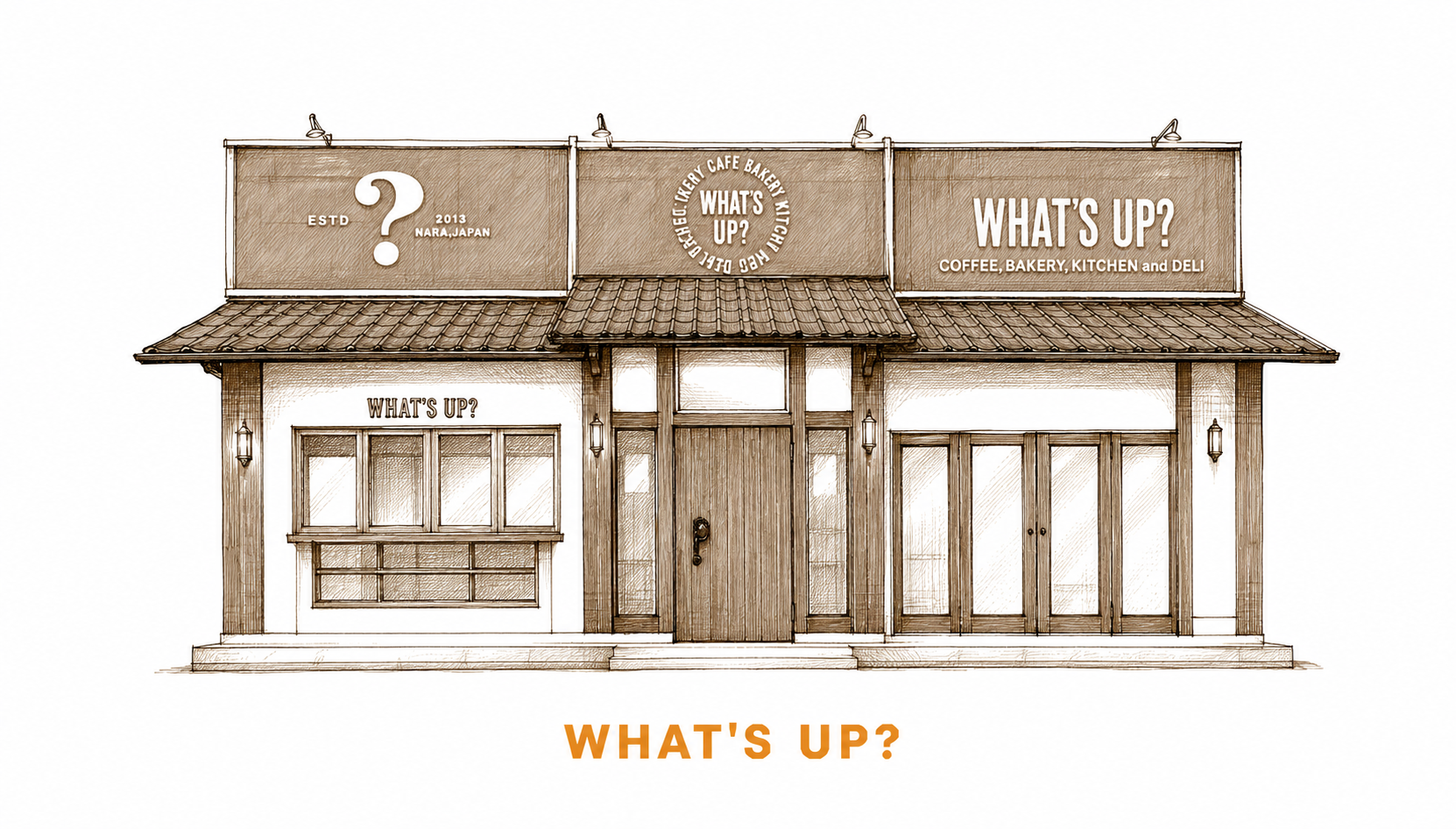 WHAT’S UP?の店舗外観を描いた線画イラスト
